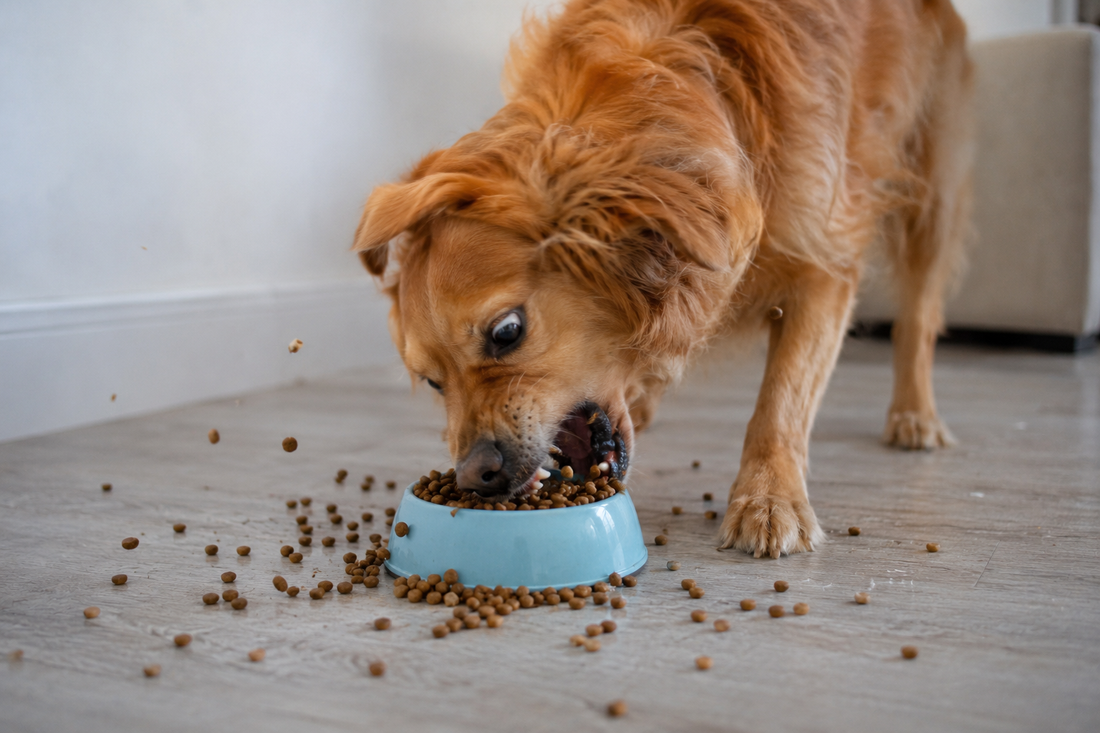 Perro disfrutando de una alimentación más pausada con Dog & Clay
